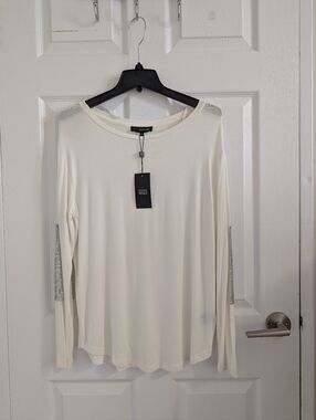 NWT Edit by Jeanne Beker White Long Sleeve Top Silver Sequin Elbow Patches S